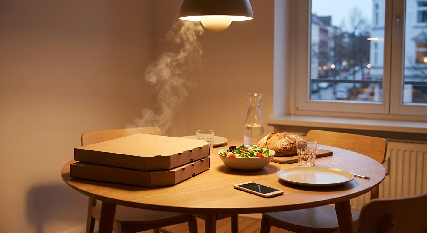 Essbereich mit Pizza und Smartphone