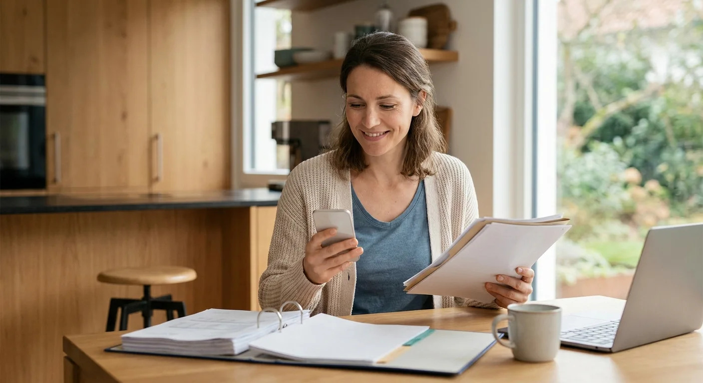 Frau mit Unterlagen und Smartphone zuhause