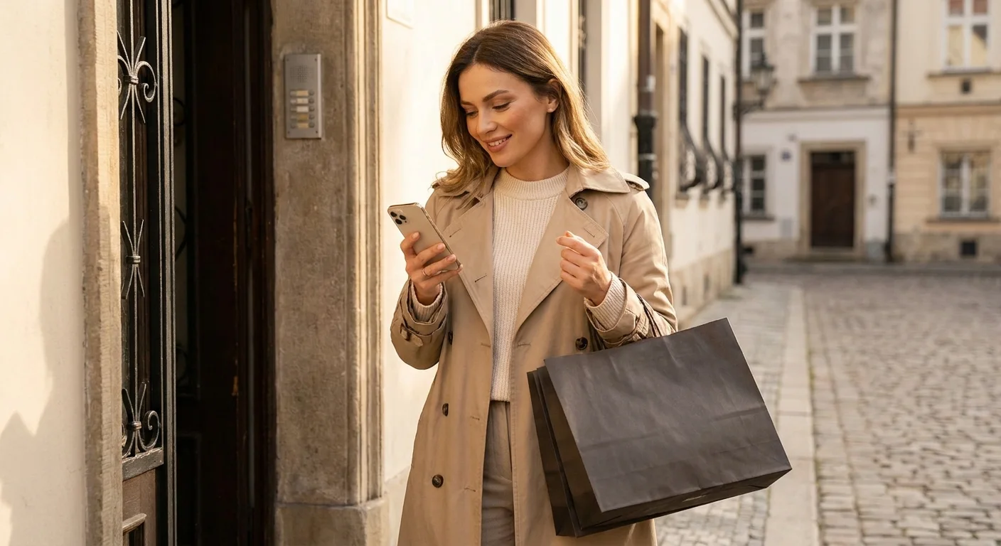 Frau mit Einkaufstaschen und Smartphone