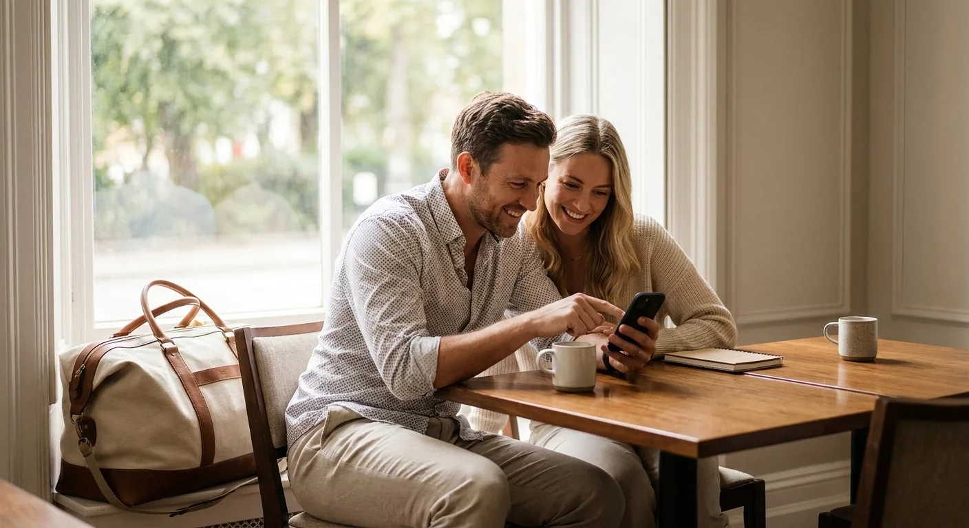 Paar plant einen Kurztrip am Smartphone